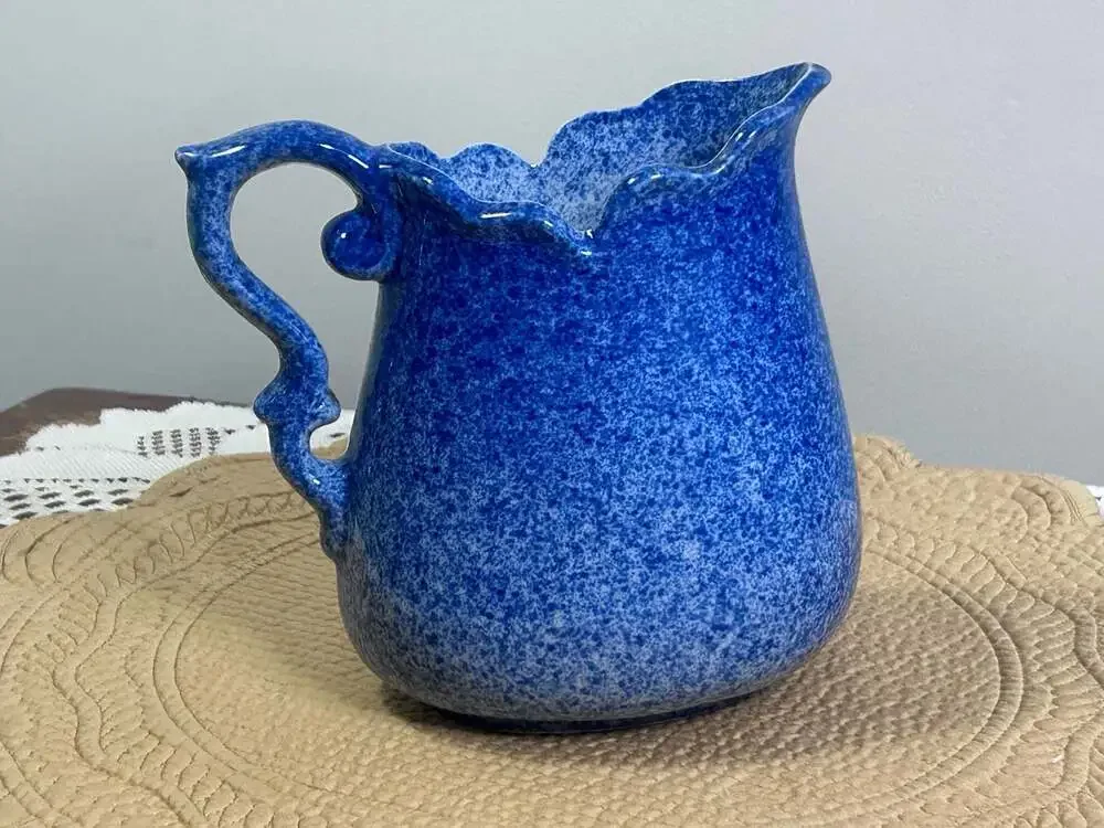 Vintage Calico Crown China Blue Spongeware Spatterware Ceramic Pitcher Duck
